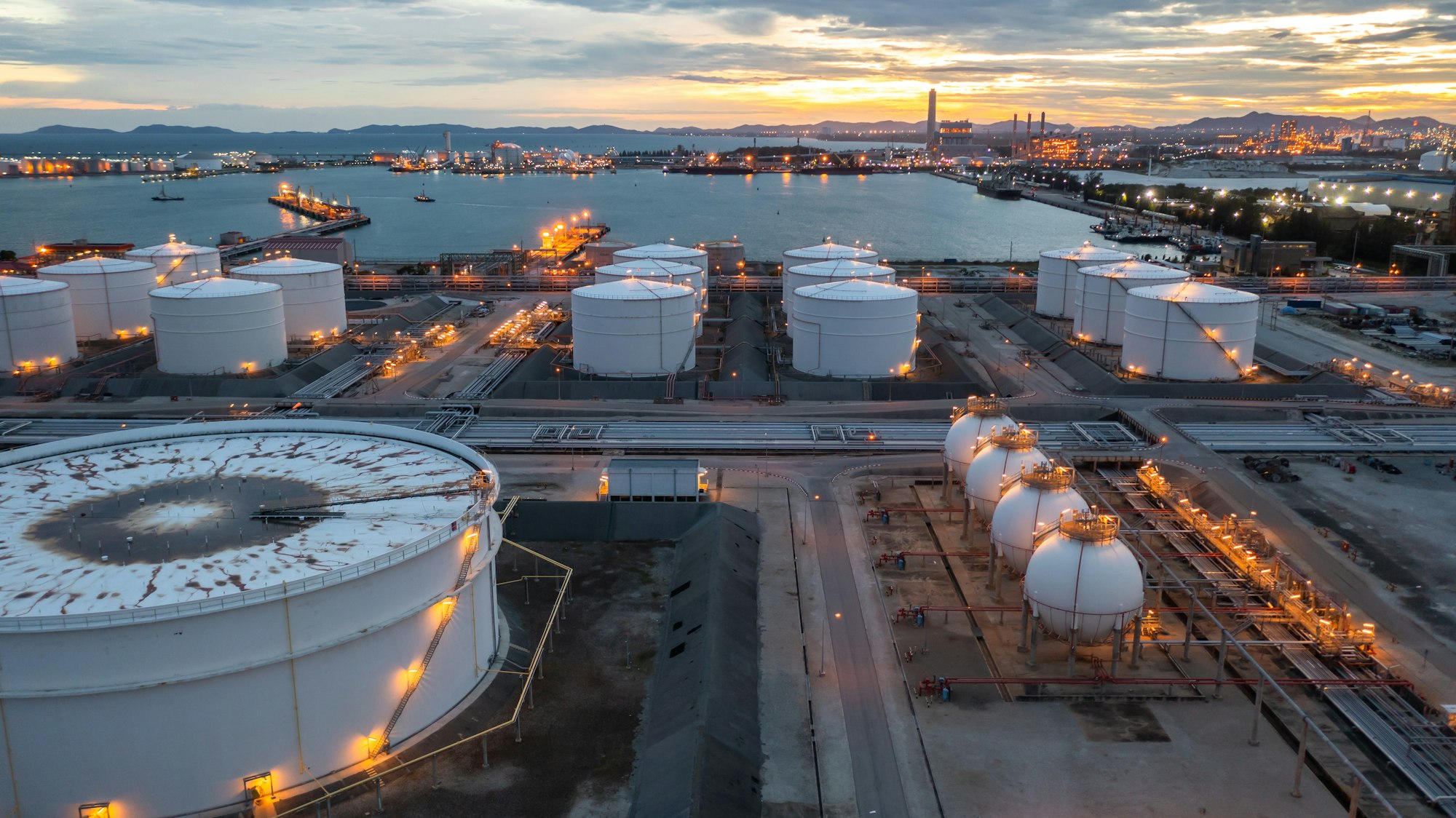 Aerial view oil and gas storage tank farm, Tank farm storage petrochemical petroleum chemical.